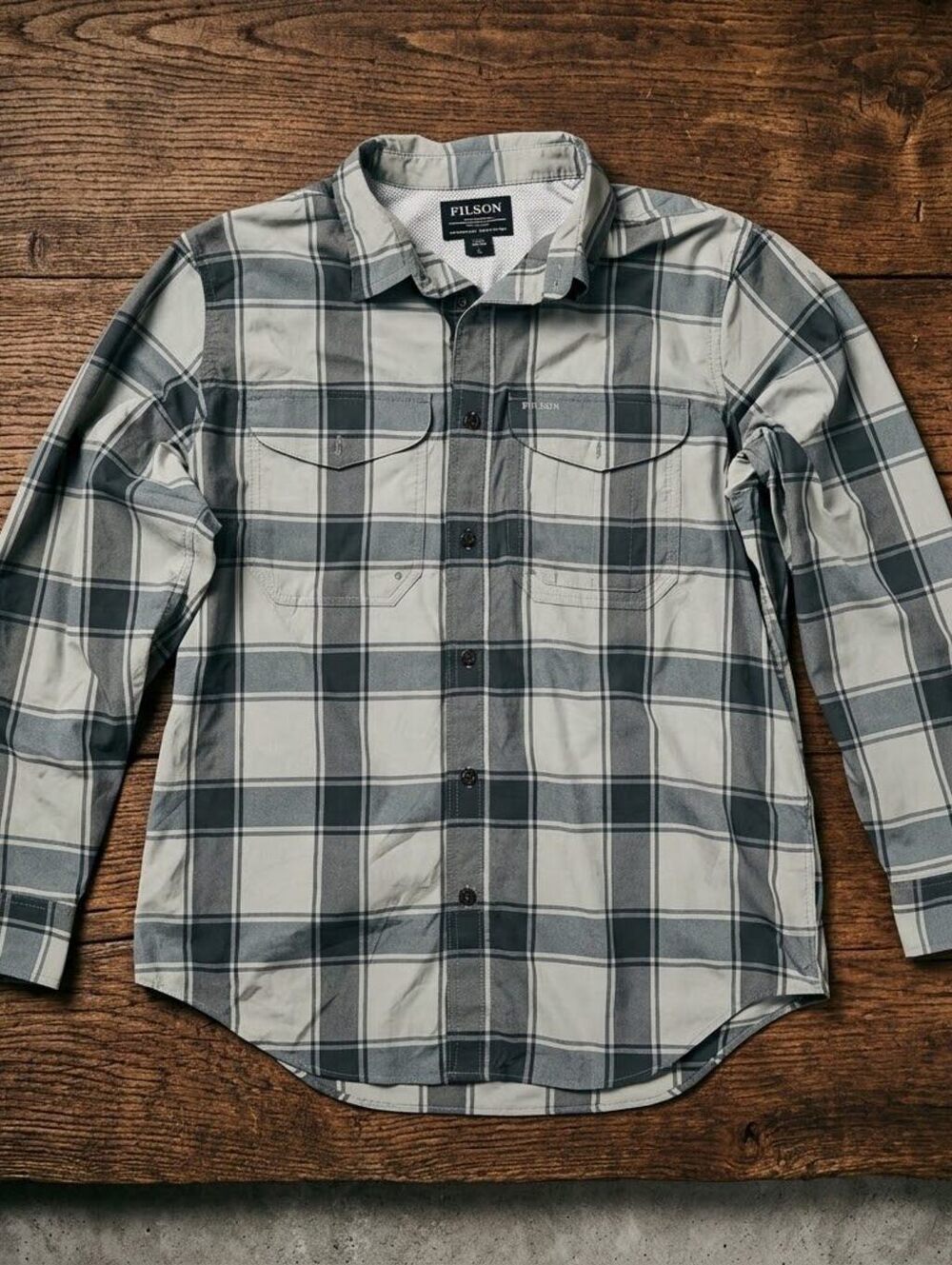 Filson Mens L Plaid Nylon Button Down Shirt Gray Green Technical Outdoors Gorp